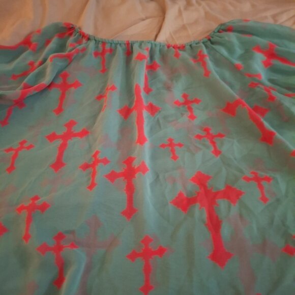 R Rouge Women's Aqua and Pink Cross Pattern Sheer Top - Picture 8 of 8
